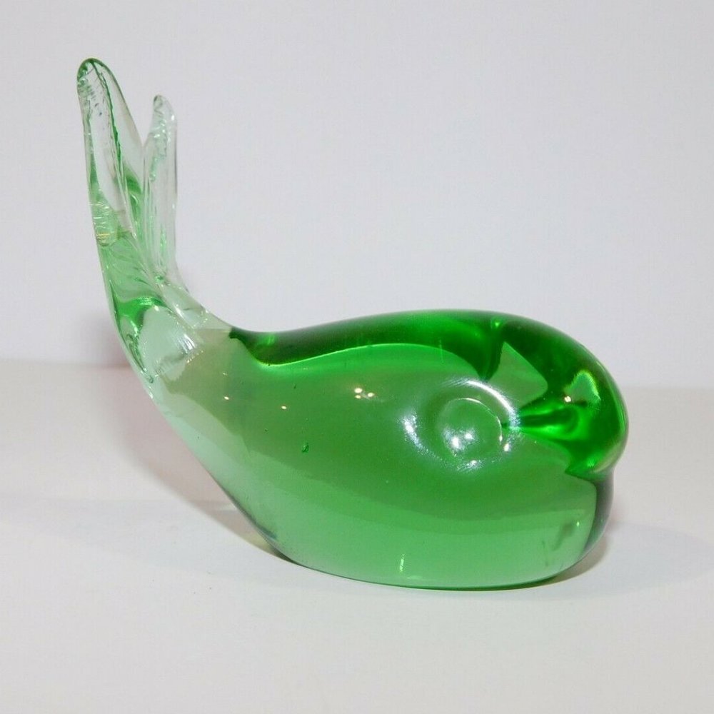 Blown Glass Green Whale Paperweight 3" Home Decor Vintage